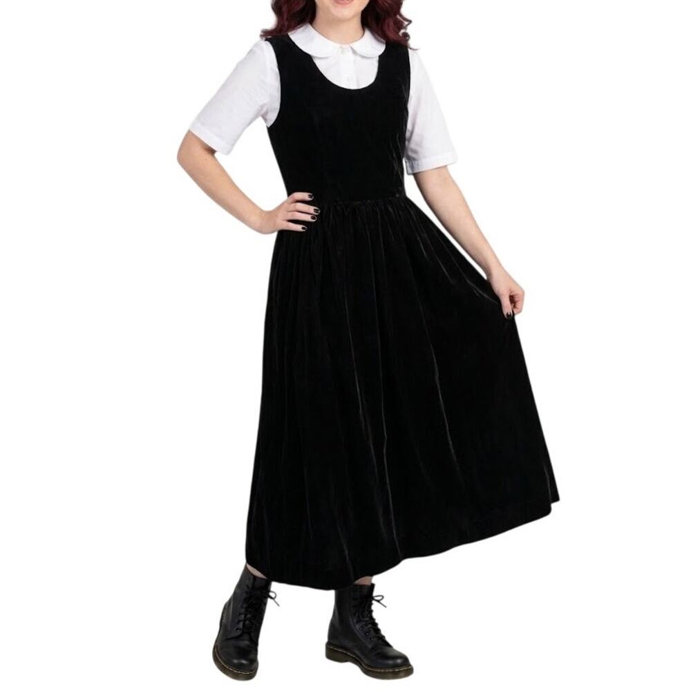 Vintage 90s Lands' End Black Velvet Sleeveless Jumper Dress Women's 12